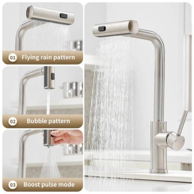 TP04 304 Stainless Steel Multifunctional Pull-Out Waterfall Kitchen Faucet - Satin