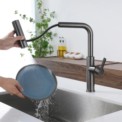 TP04 304 Stainless Steel Multifunctional Pull-Out Waterfall Kitchen Faucet - Black
